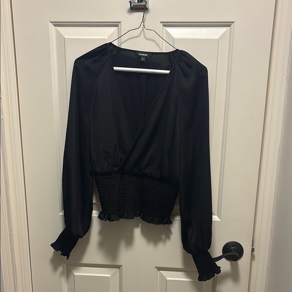 Black Puff Sleeve Wrap Blouse with Ruffled Details